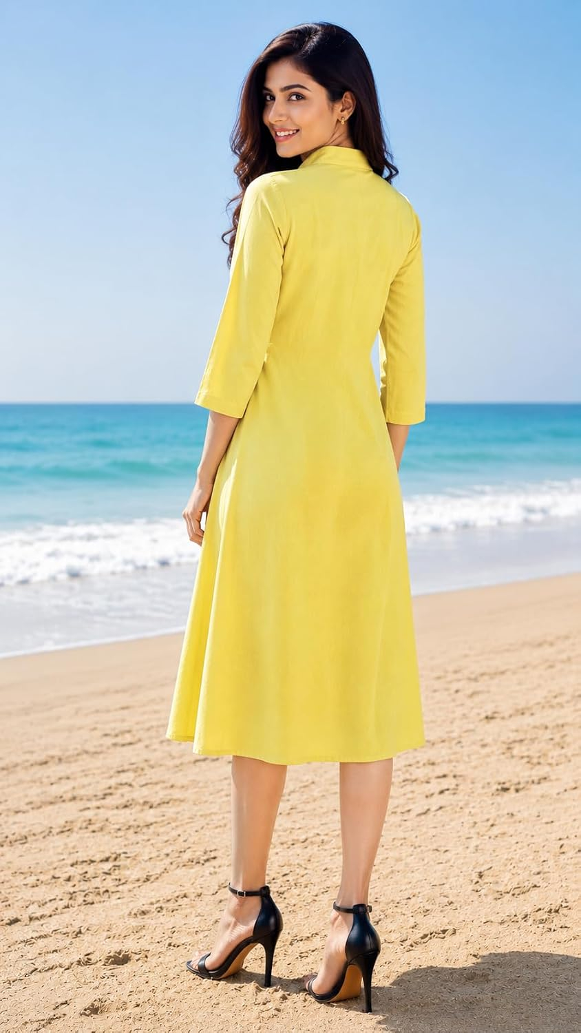 DSK Studio Women's Yellow Cotton A-Line Midi Dress - Image 6