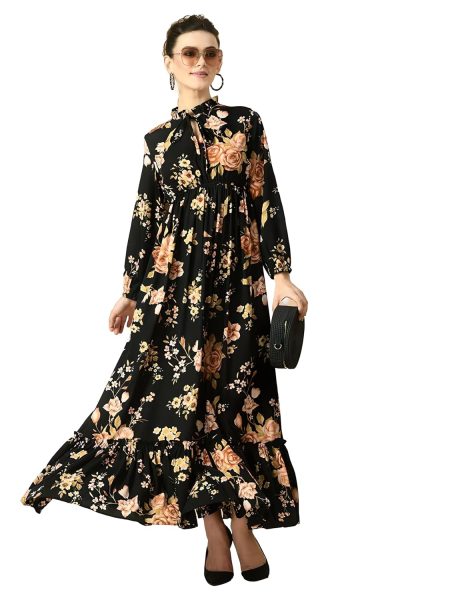 KZULLY Women's Long-Sleeve Floral Maxi Dress with Tie Neck