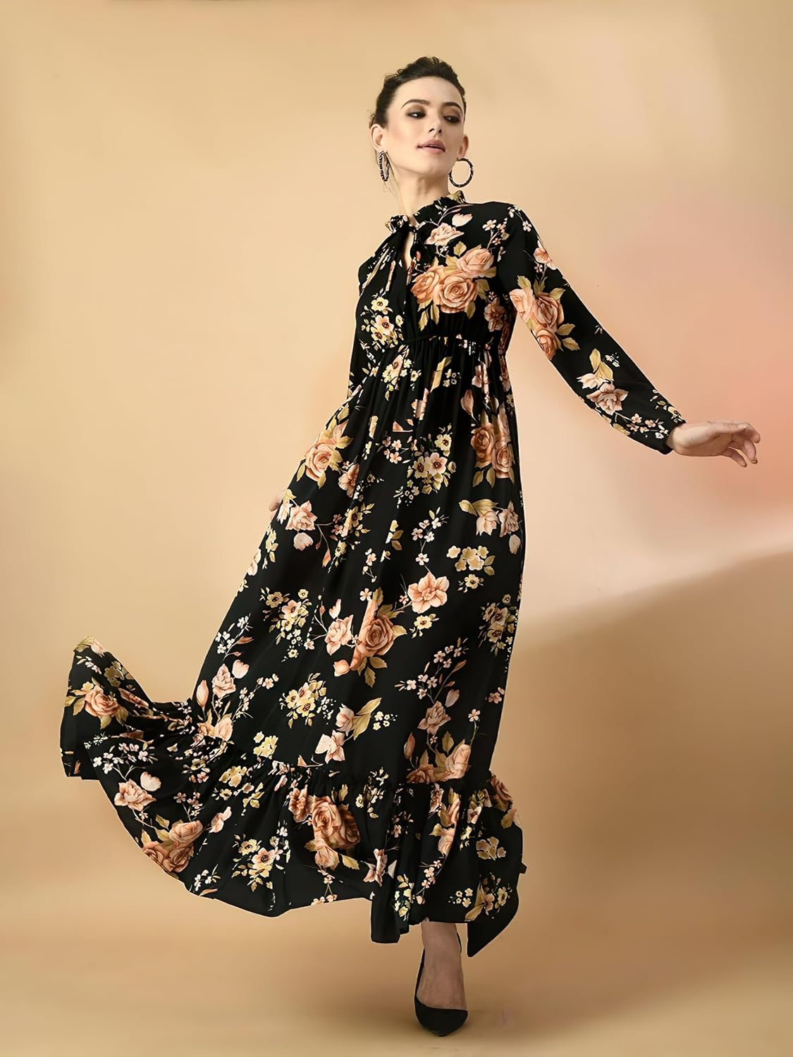 KZULLY Women's Long-Sleeve Floral Maxi Dress with Tie Neck - Image 2