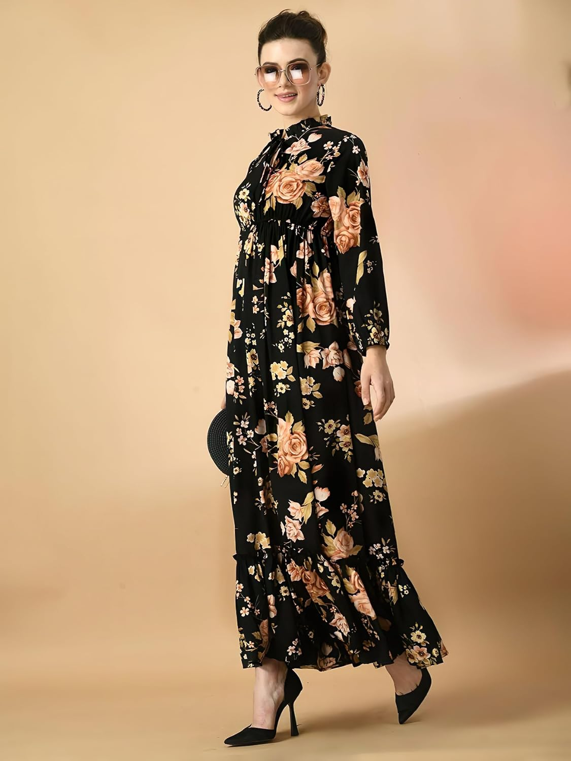 KZULLY Women's Long-Sleeve Floral Maxi Dress with Tie Neck - Image 3