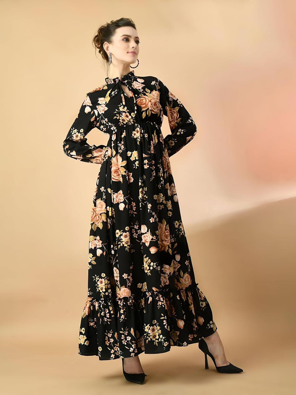 KZULLY Women's Long-Sleeve Floral Maxi Dress with Tie Neck - Image 7