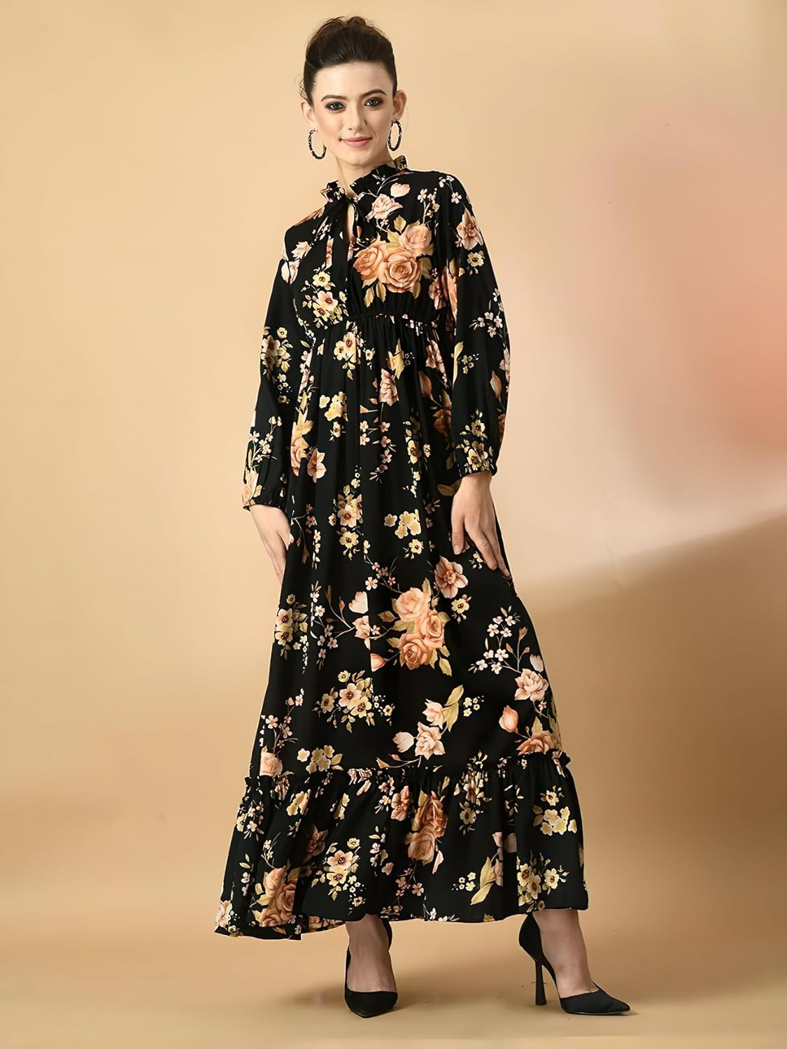 KZULLY Women's Long-Sleeve Floral Maxi Dress with Tie Neck - Image 8