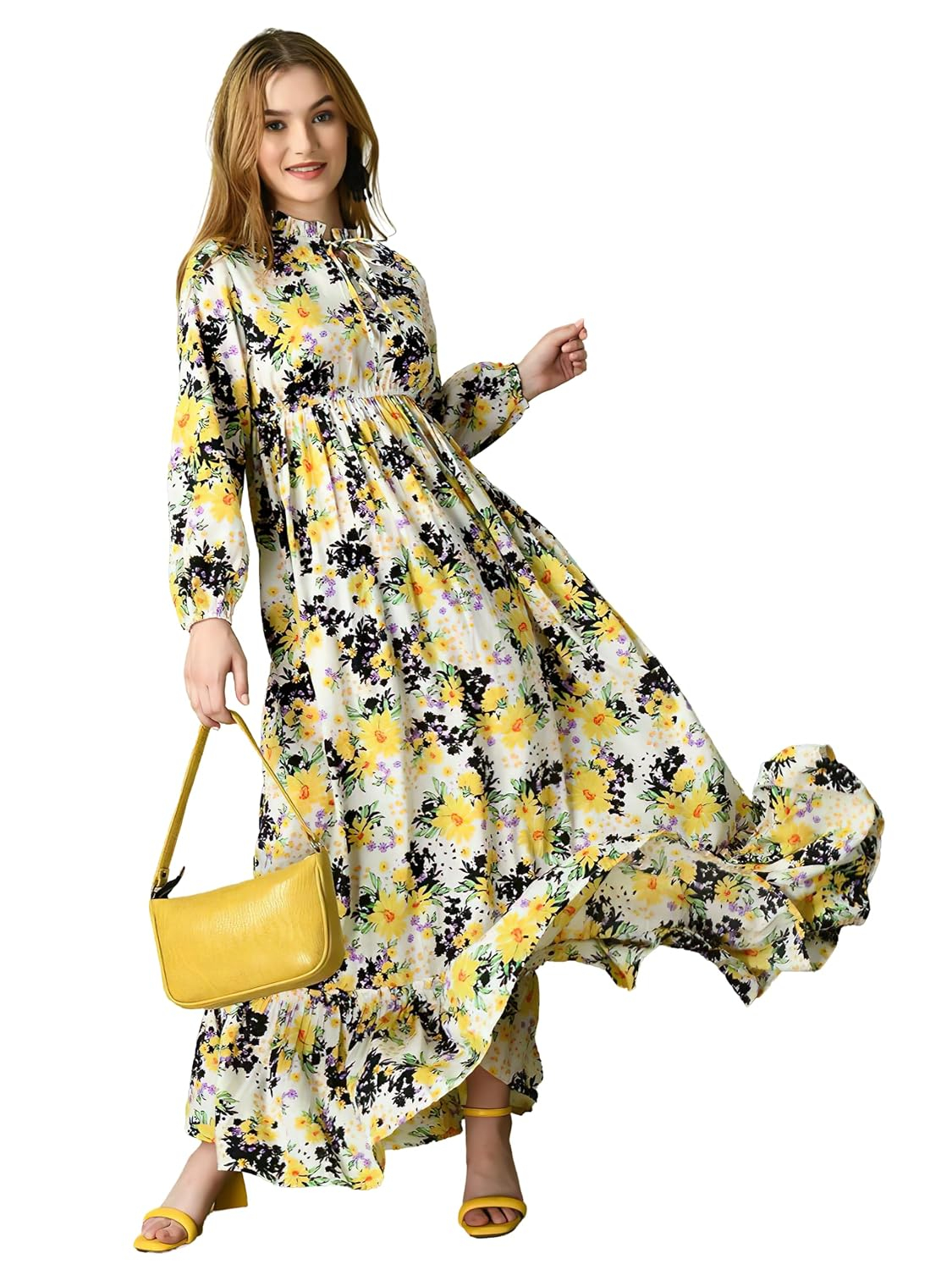 KZULLY Women's Long-Sleeve Floral Maxi Dress with Tie Neck - Image 9