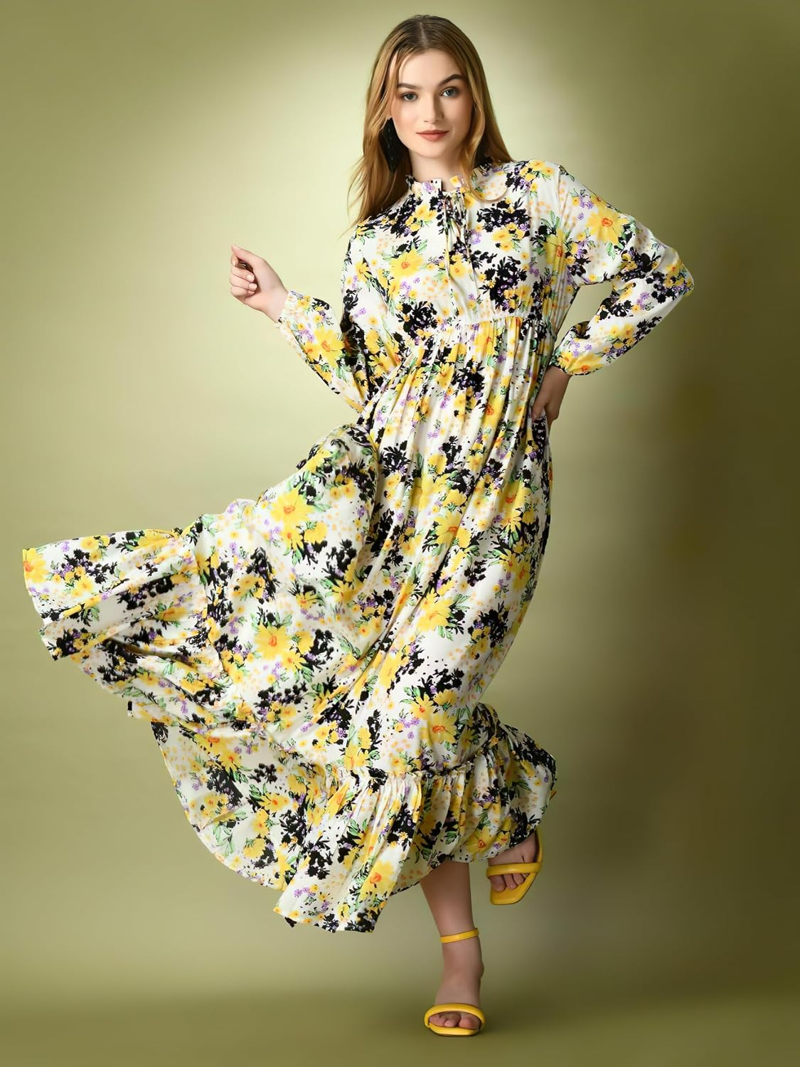 KZULLY Women's Long-Sleeve Floral Maxi Dress with Tie Neck - Image 10
