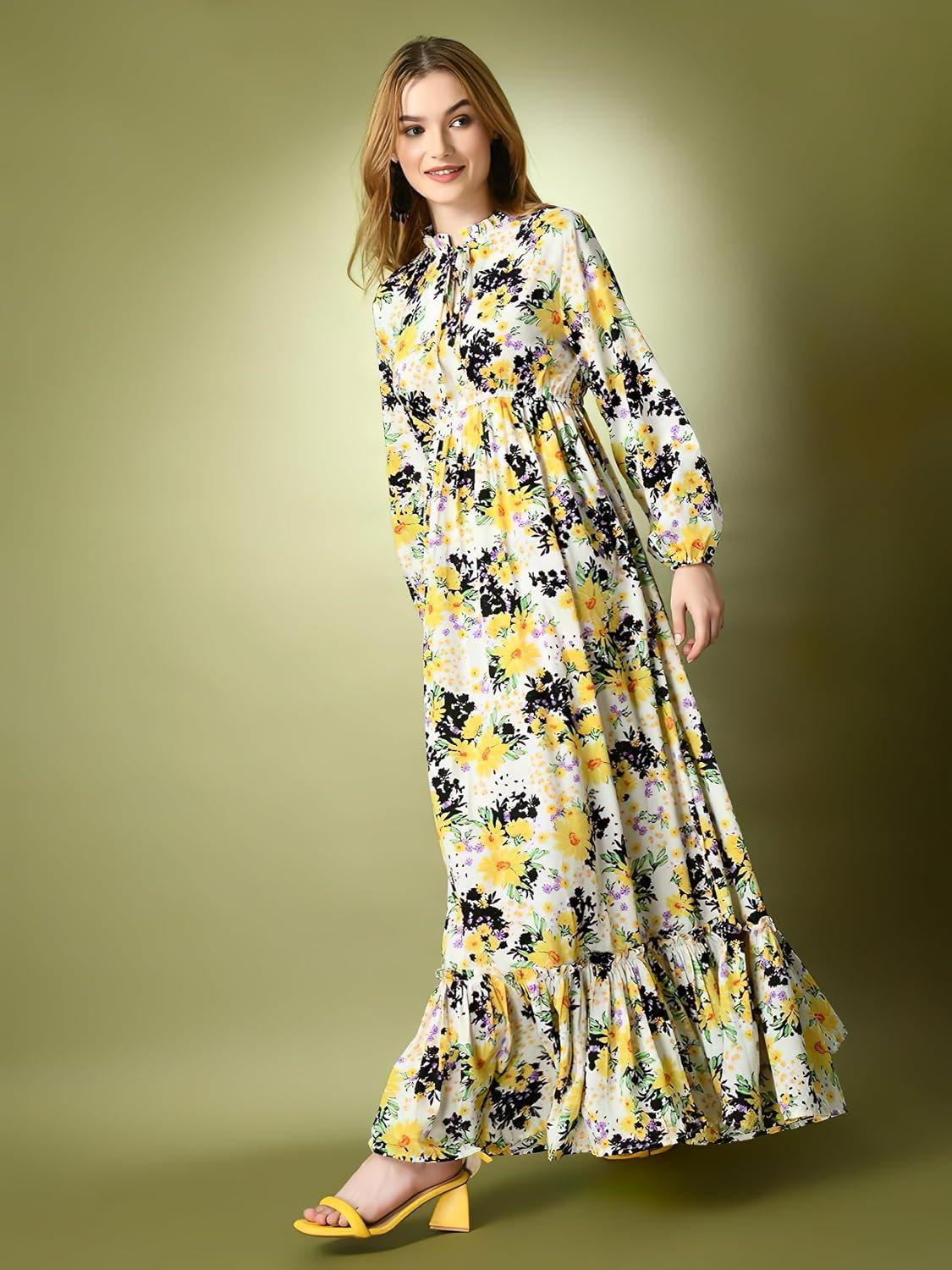 KZULLY Women's Long-Sleeve Floral Maxi Dress with Tie Neck - Image 11