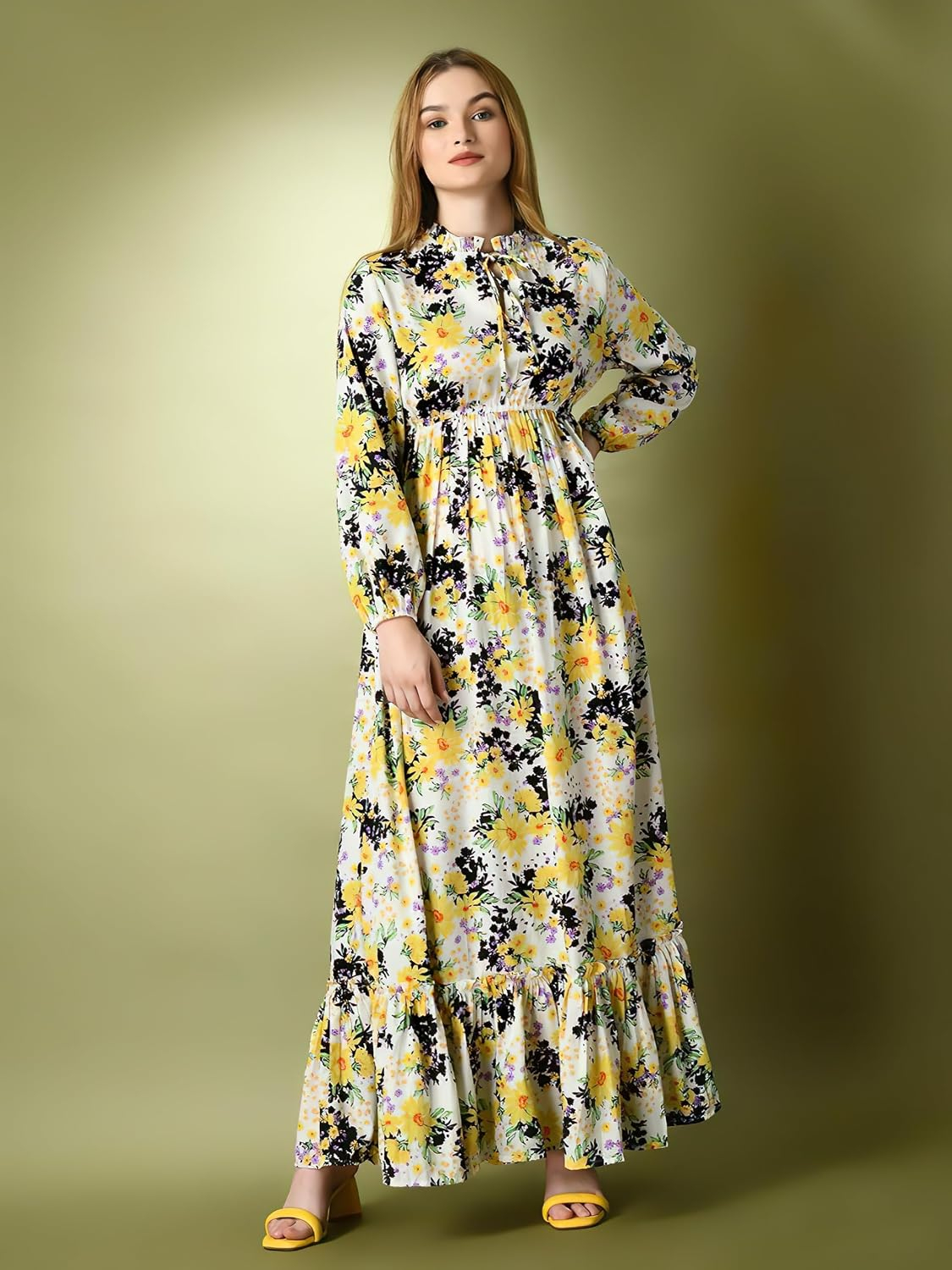 KZULLY Women's Long-Sleeve Floral Maxi Dress with Tie Neck - Image 15