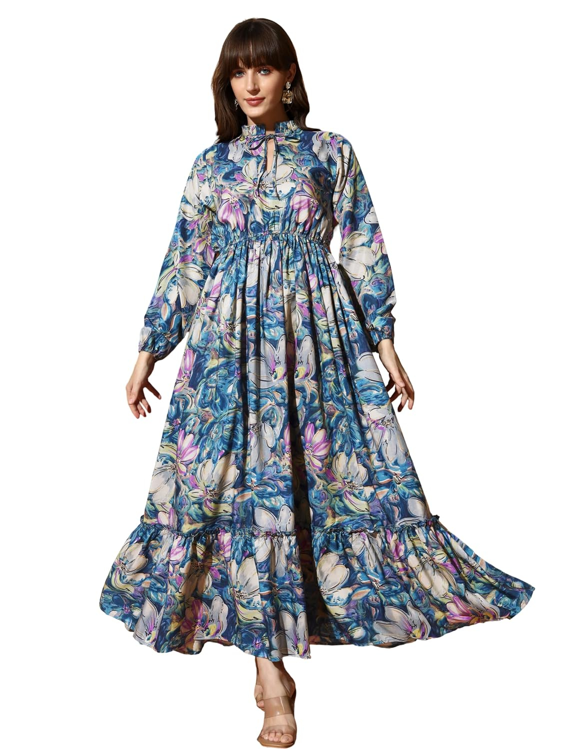 KZULLY Women's Long-Sleeve Floral Maxi Dress with Tie Neck - Image 23