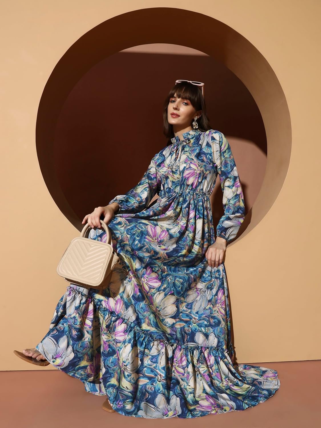 KZULLY Women's Long-Sleeve Floral Maxi Dress with Tie Neck - Image 29