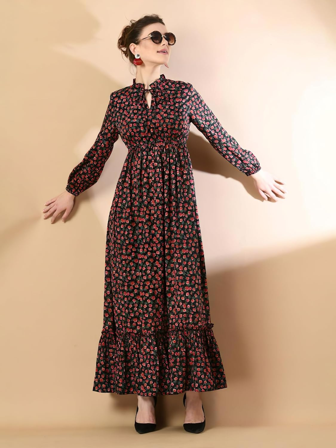 KZULLY Women's Long-Sleeve Floral Maxi Dress with Tie Neck - Image 32
