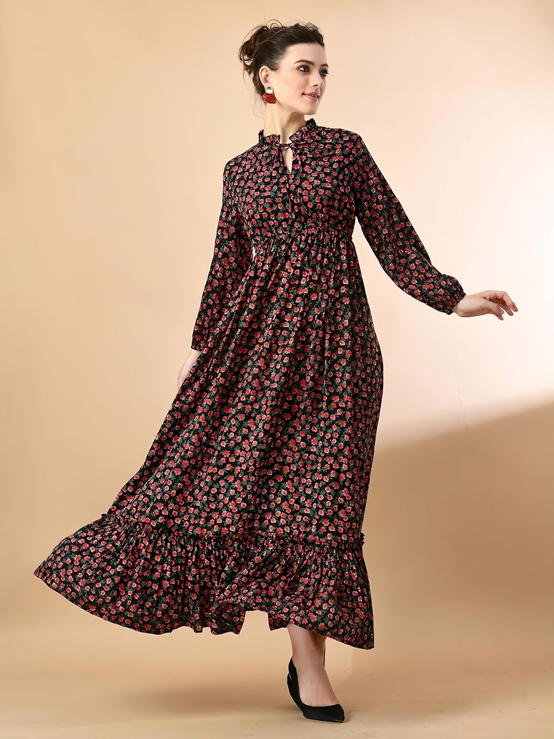 KZULLY Women's Long-Sleeve Floral Maxi Dress with Tie Neck - Image 33