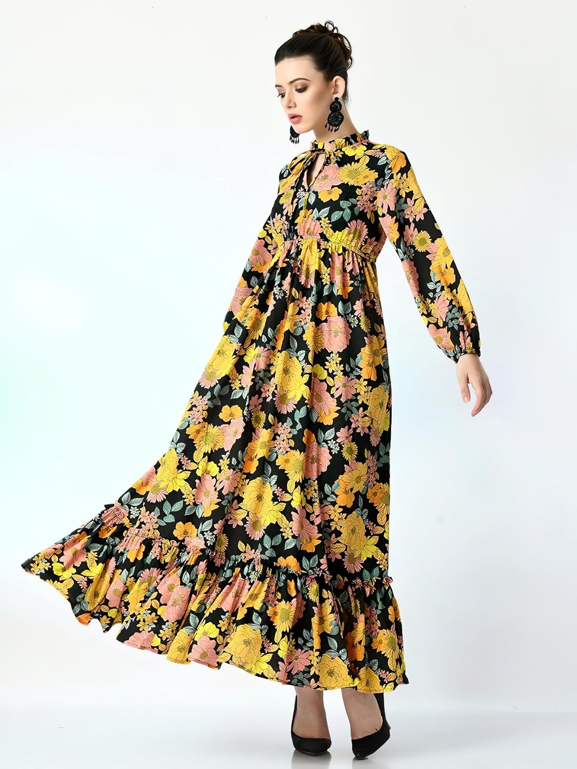KZULLY Women's Long-Sleeve Floral Maxi Dress with Tie Neck - Image 52
