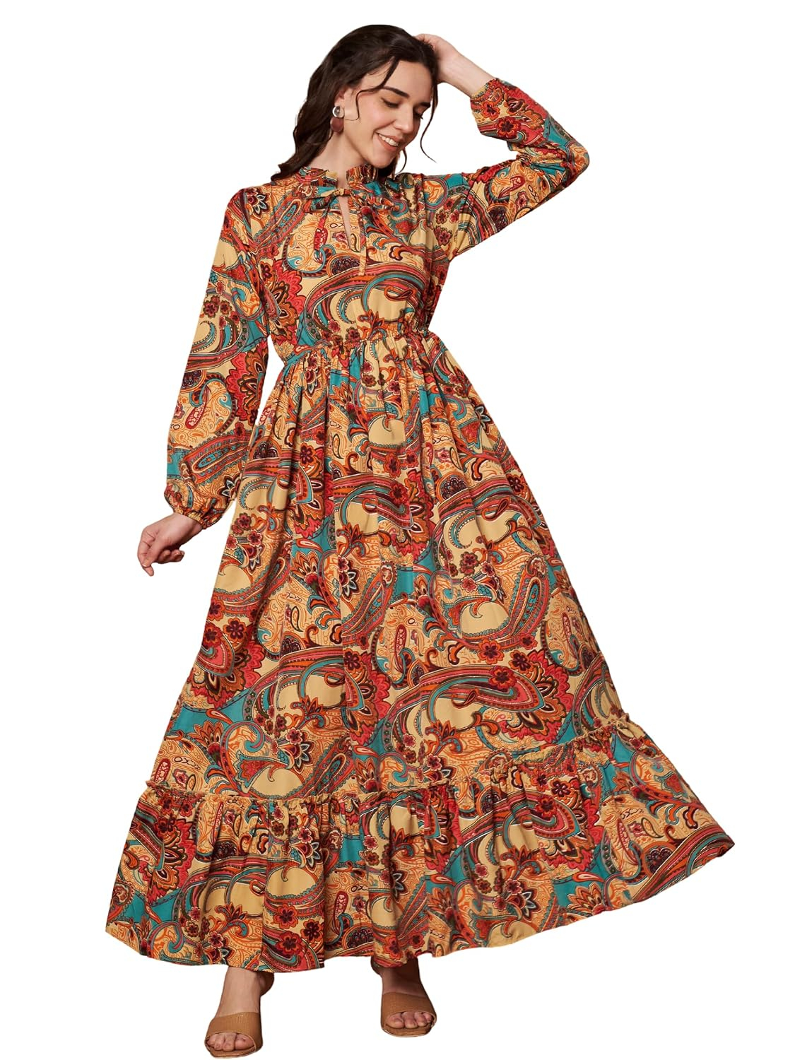 KZULLY Women's Long-Sleeve Floral Maxi Dress with Tie Neck - Image 82