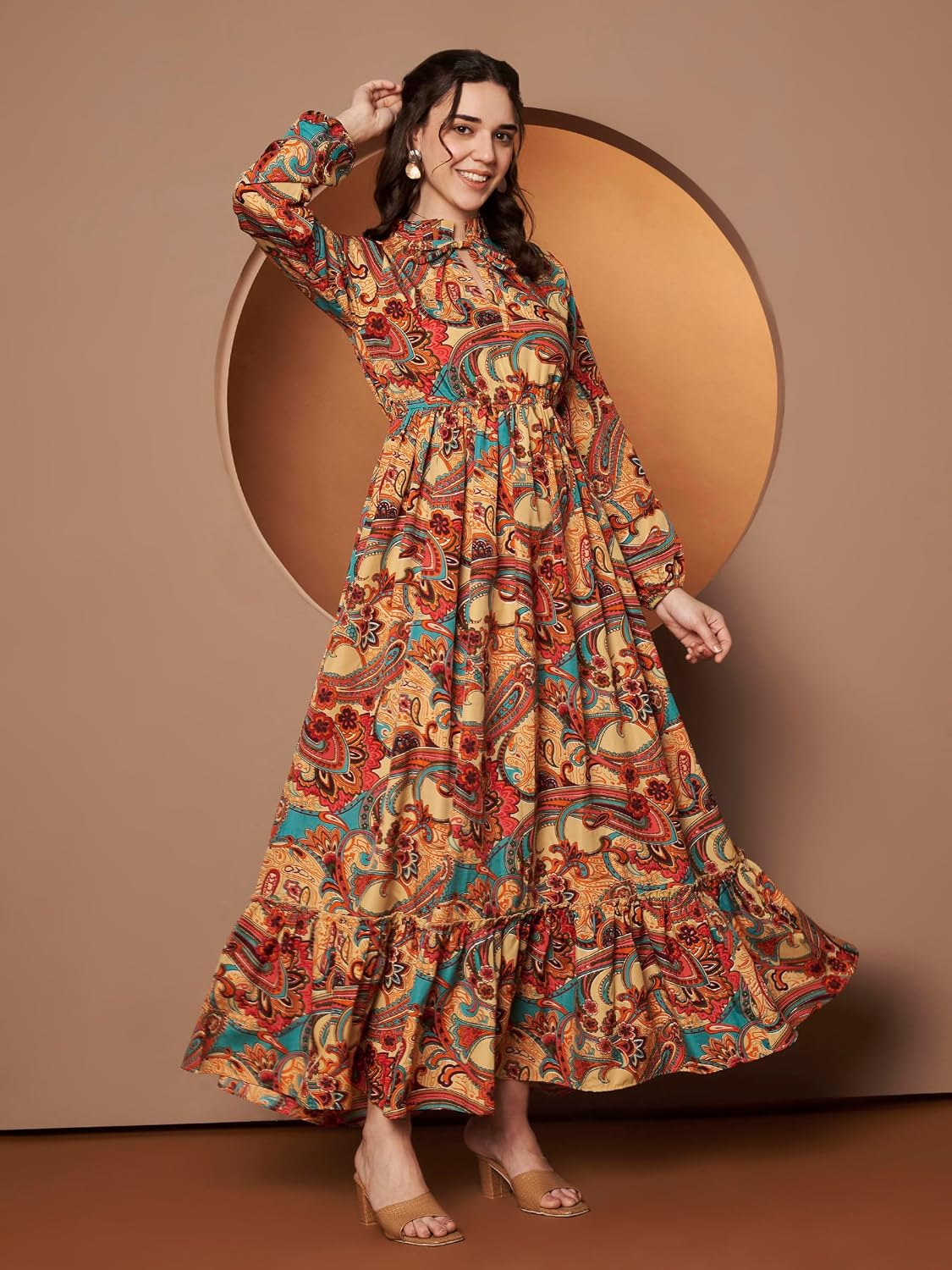 KZULLY Women's Long-Sleeve Floral Maxi Dress with Tie Neck - Image 87