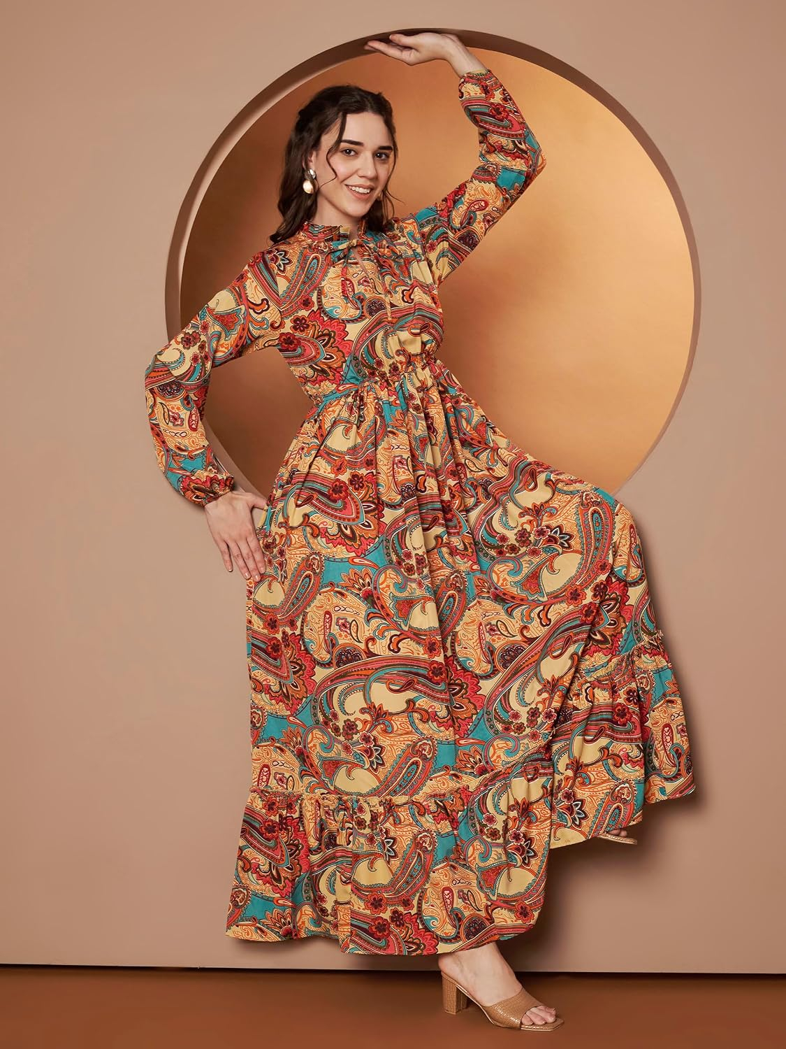 KZULLY Women's Long-Sleeve Floral Maxi Dress with Tie Neck - Image 88