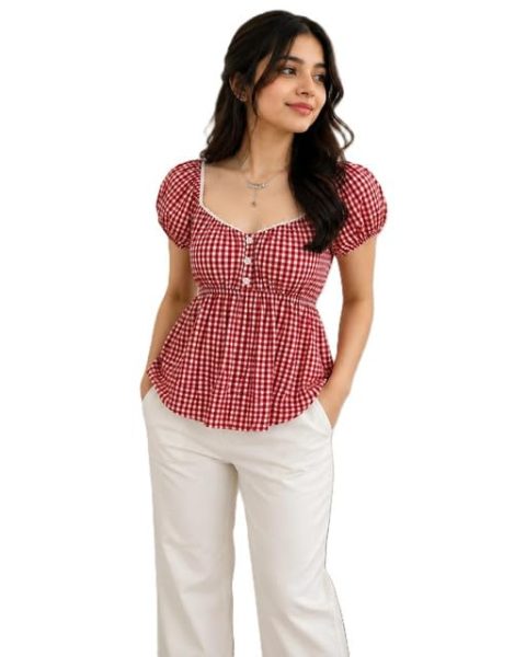 Women's Red Gingham Short-Sleeve Top