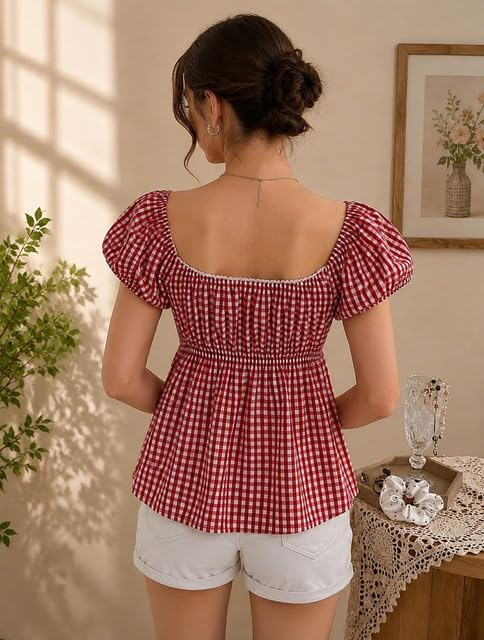 Women's Red Gingham Short-Sleeve Top - Image 2