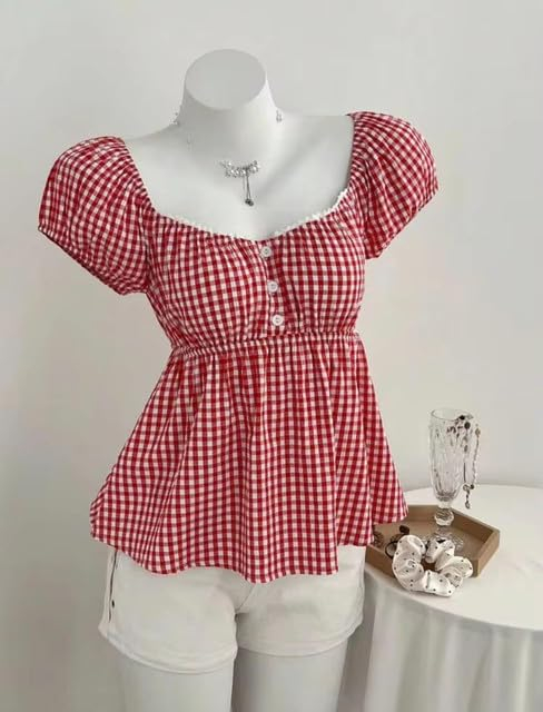 Women's Red Gingham Short-Sleeve Top - Image 3