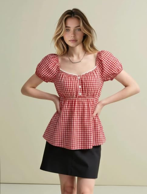 Women's Red Gingham Short-Sleeve Top - Image 4