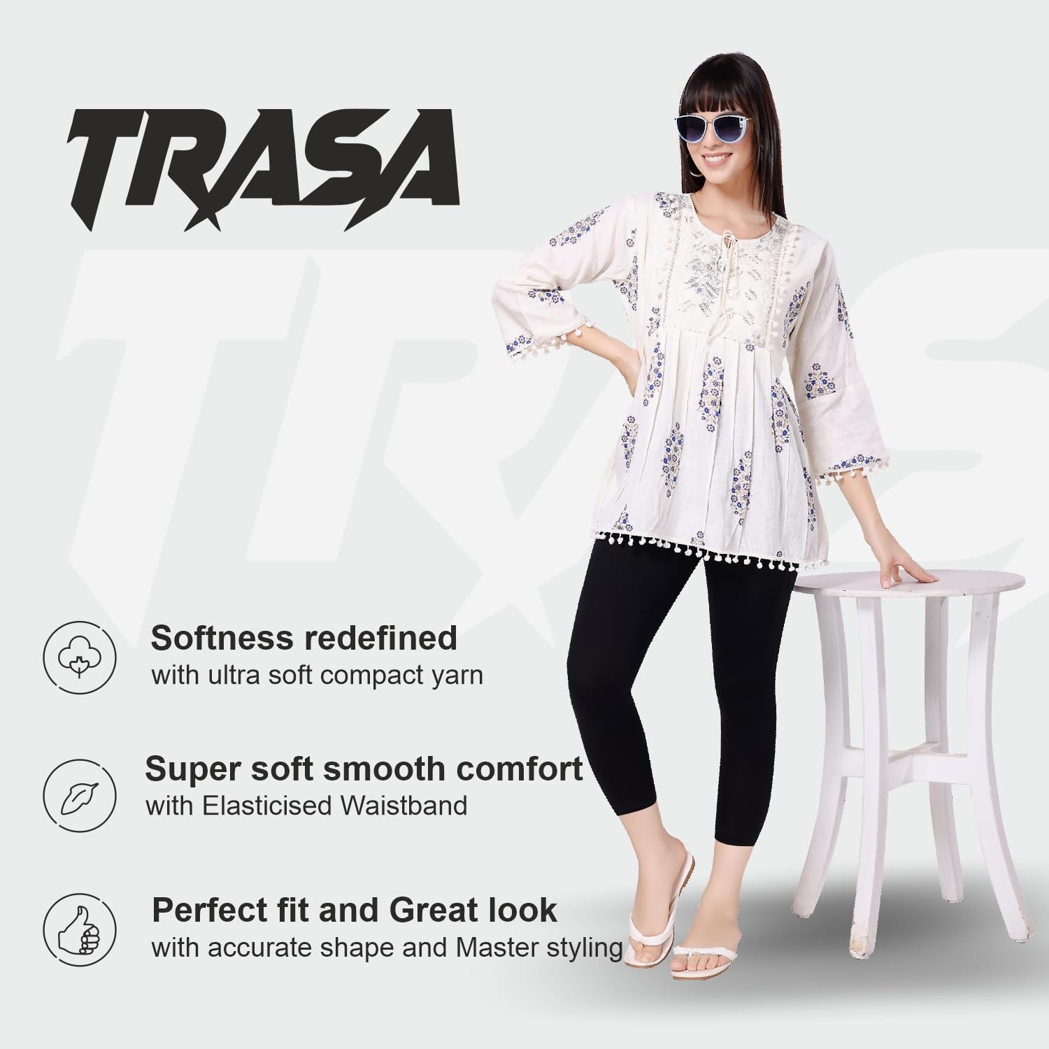 TRASA Women's Mid-Rise Cropped Cotton Leggings - Image 2