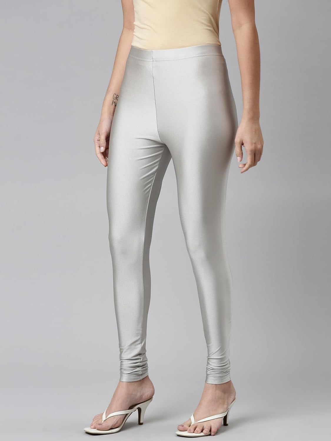 GO COLORS Women's Mid-Rise Shimmer Churidar Leggings - Image 2