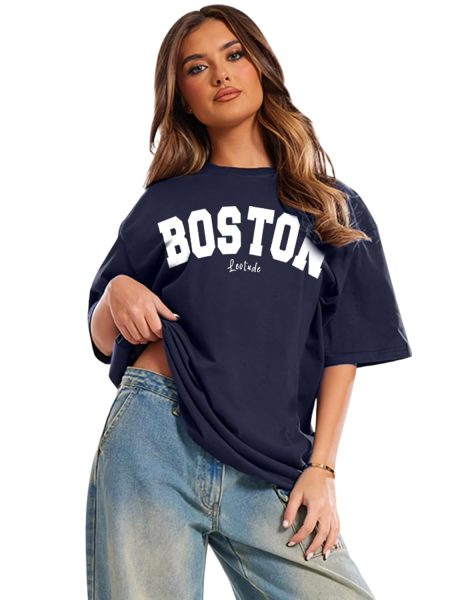 LEOTUDE Women's Boston-Print Drop-Shoulder T-Shirt