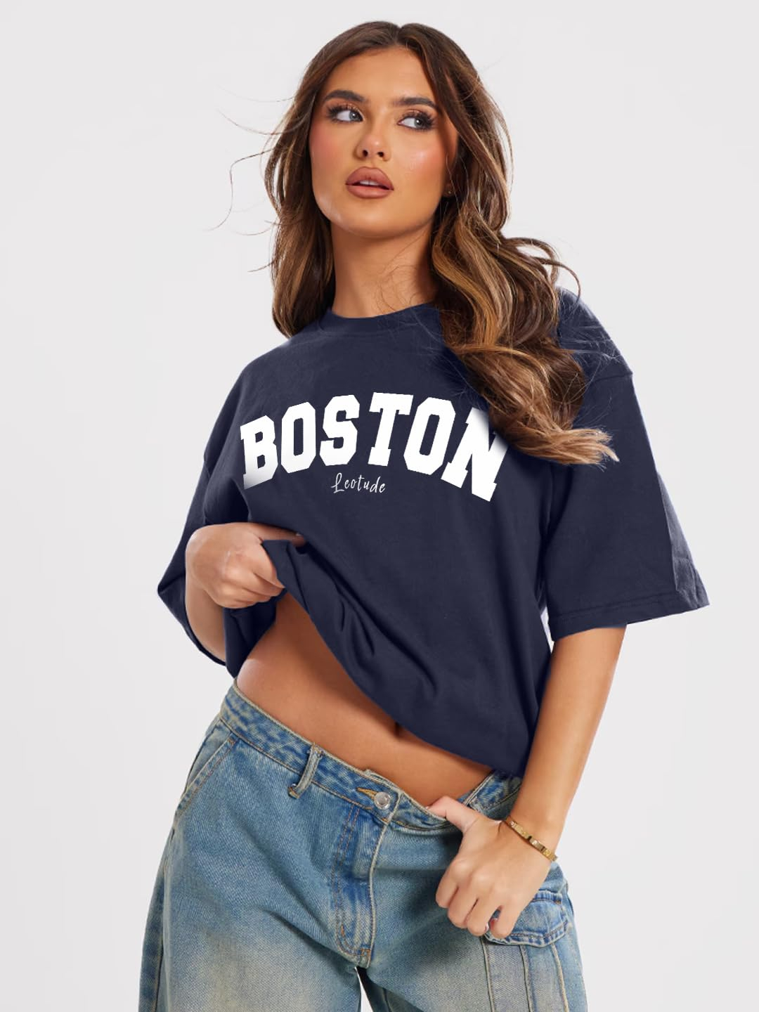 LEOTUDE Women's Boston-Print Drop-Shoulder T-Shirt - Image 2