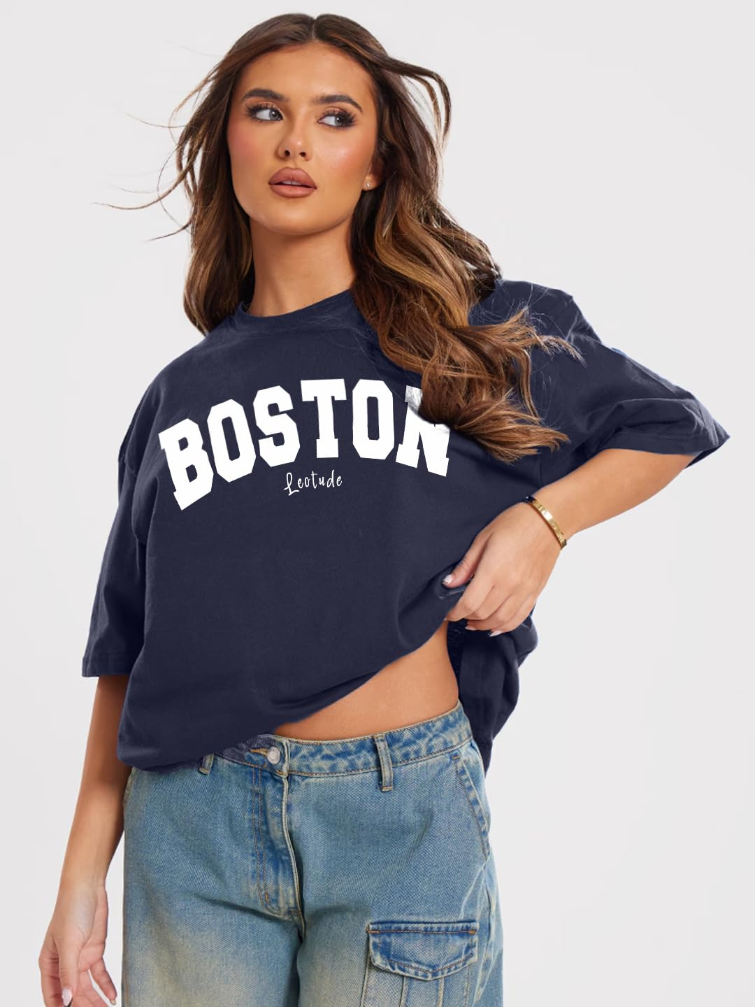 LEOTUDE Women's Boston-Print Drop-Shoulder T-Shirt - Image 3