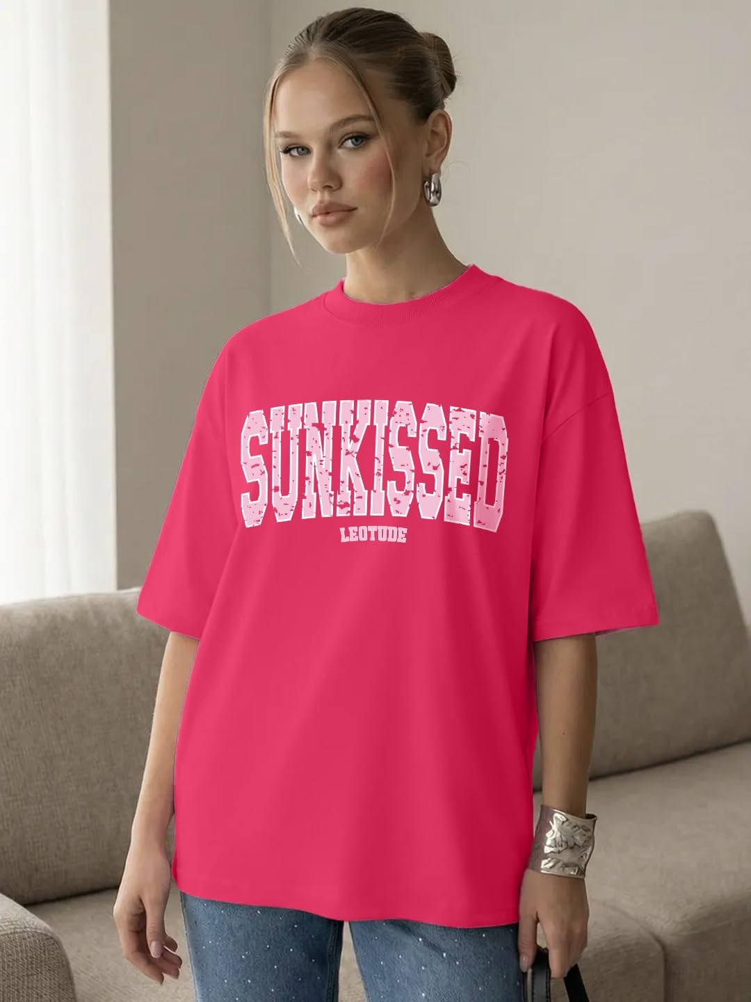 LEOTUDE Women's Boston-Print Drop-Shoulder T-Shirt - Image 44
