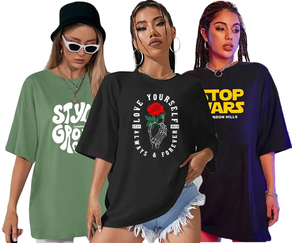 London Hills Women's Printed Oversized T-Shirts - Pack of 3 - Image 23