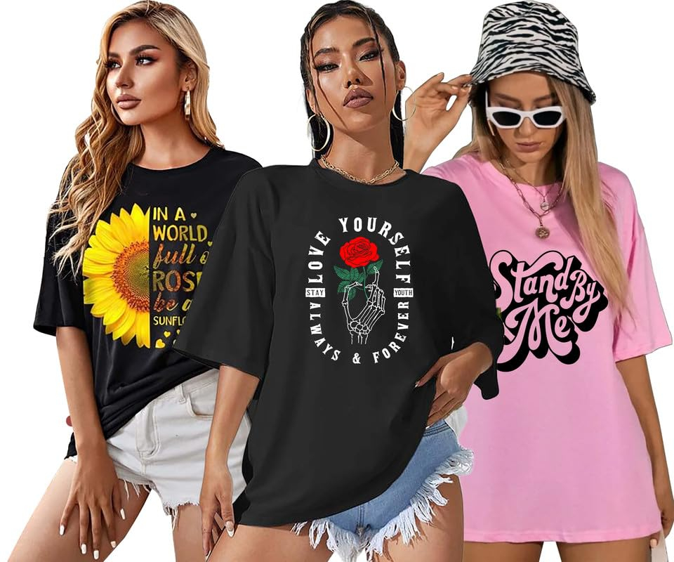 London Hills Women's Printed Oversized T-Shirts - Pack of 3 - Image 31
