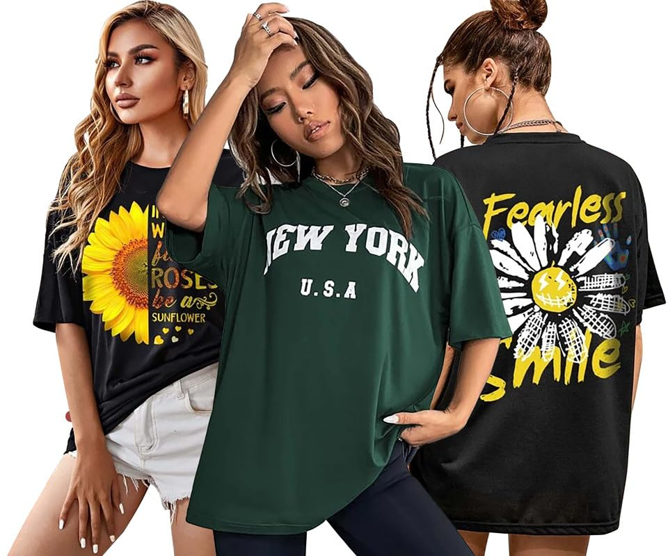 London Hills Women's Printed Oversized T-Shirts - Pack of 3 - Image 37