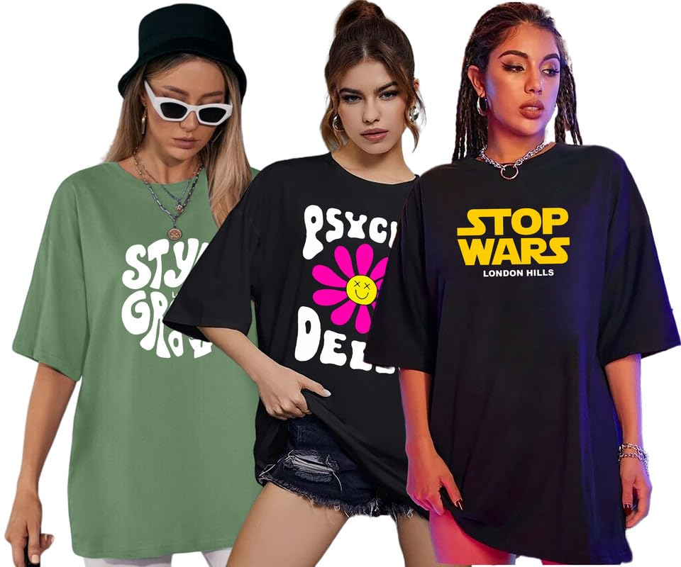 London Hills Women's Printed Oversized T-Shirts - Pack of 3 - Image 43