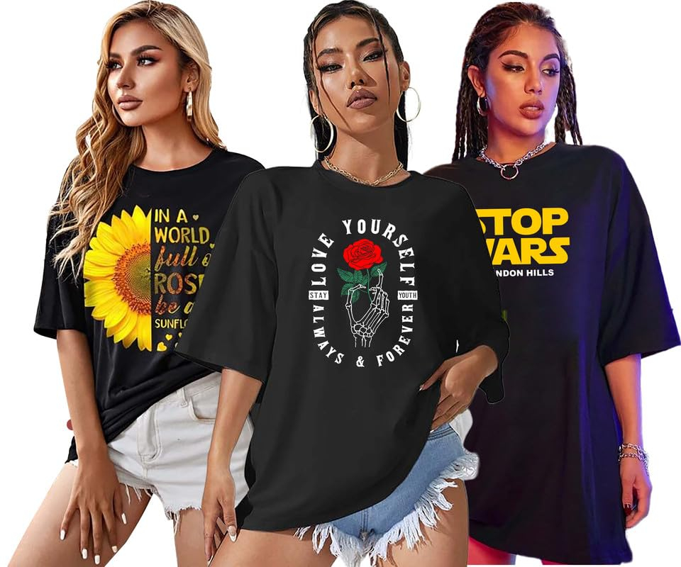 London Hills Women's Printed Oversized T-Shirts - Pack of 3 - Image 52