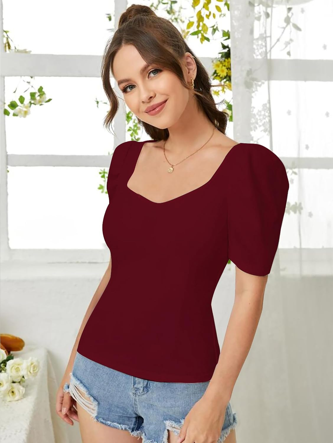Dream Beauty Fashion Women's Sweetheart-Neck Puff-Sleeve Top - Image 11