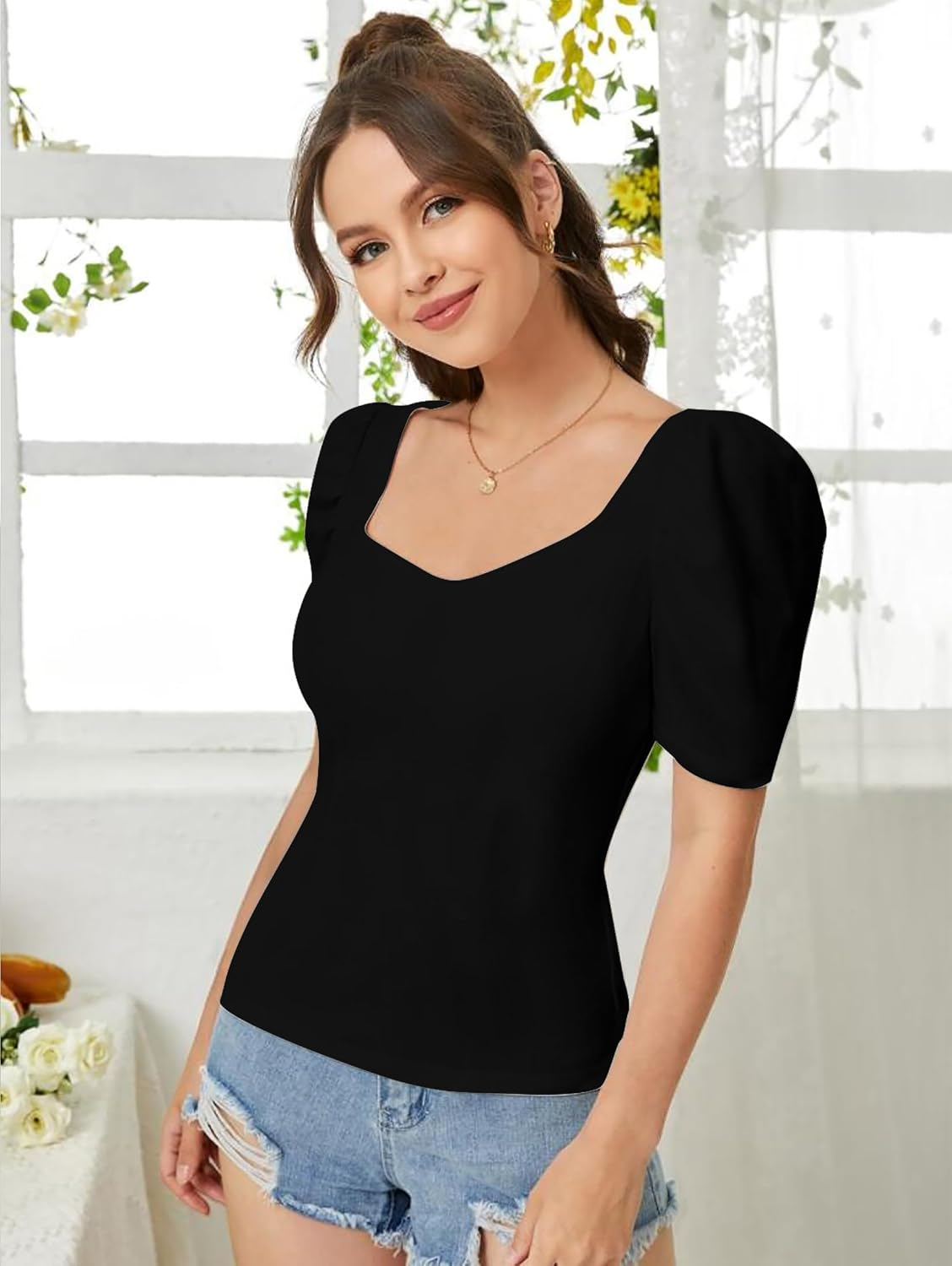 Dream Beauty Fashion Women's Sweetheart-Neck Puff-Sleeve Top - Image 28