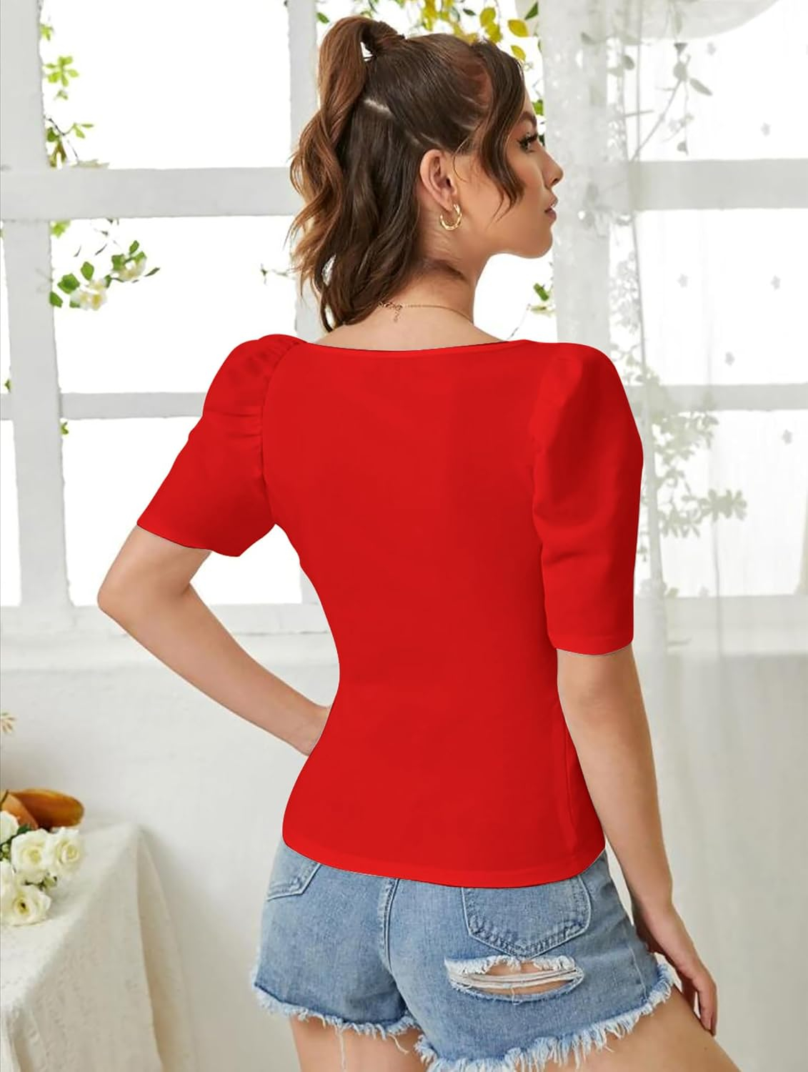 Dream Beauty Fashion Women's Sweetheart-Neck Puff-Sleeve Top - Image 47