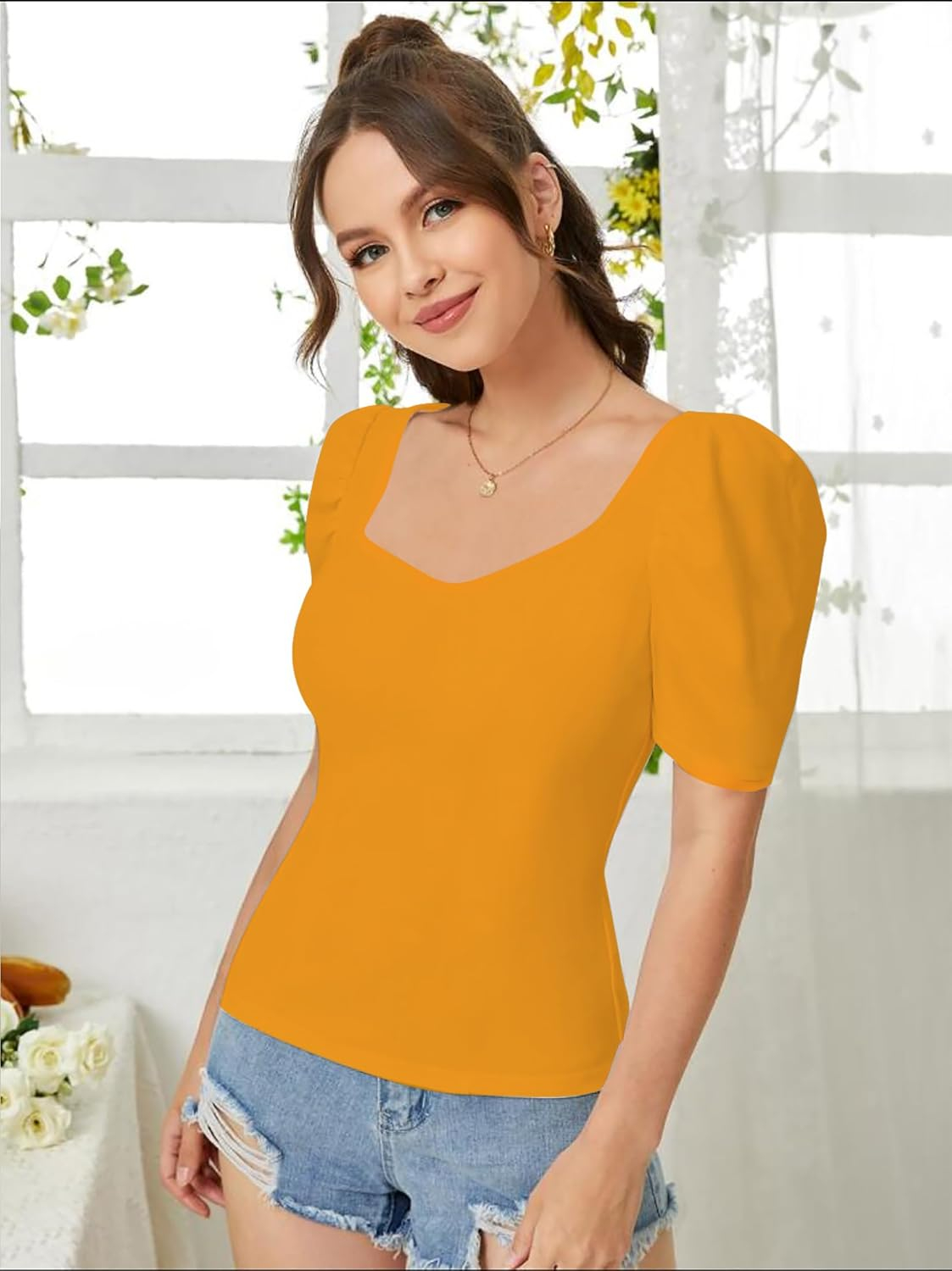 Dream Beauty Fashion Women's Sweetheart-Neck Puff-Sleeve Top - Image 52