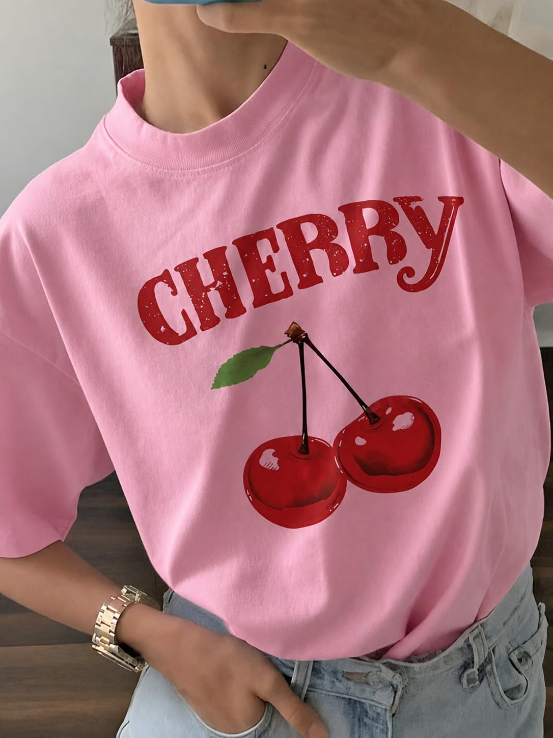 Jawdrobe Women's Cherry-Print Oversized T-Shirt - Image 33