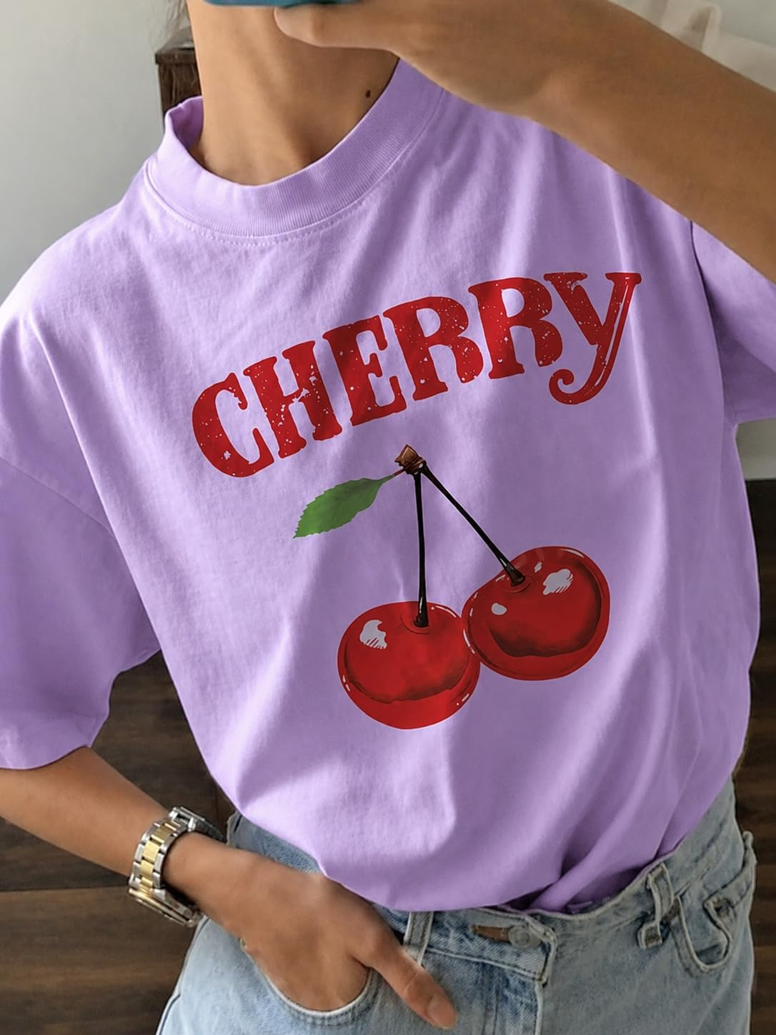 Jawdrobe Women's Cherry-Print Oversized T-Shirt - Image 49
