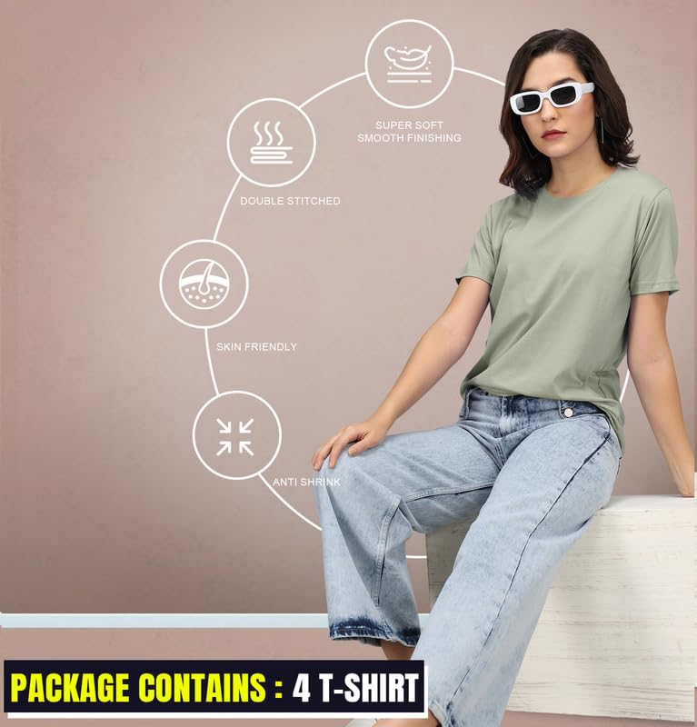 Sleepynuts Women's Solid Round-Neck T-Shirts - Pack of 4 - Image 37