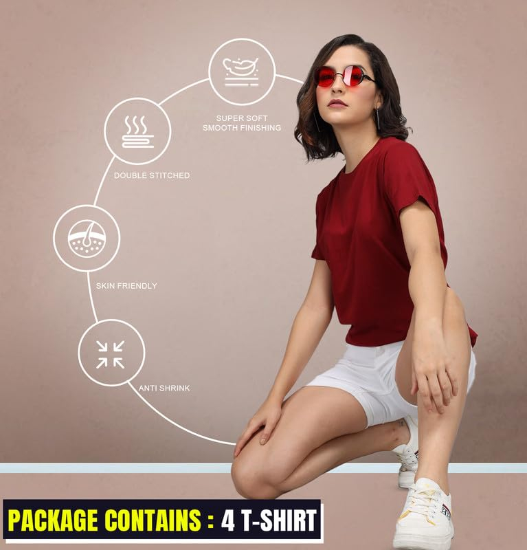 Sleepynuts Women's Solid Round-Neck T-Shirts - Pack of 4 - Image 50