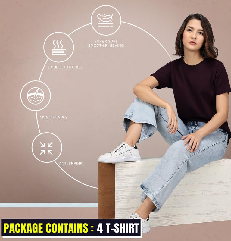 Sleepynuts Women's Solid Round-Neck T-Shirts - Pack of 4 - Image 67