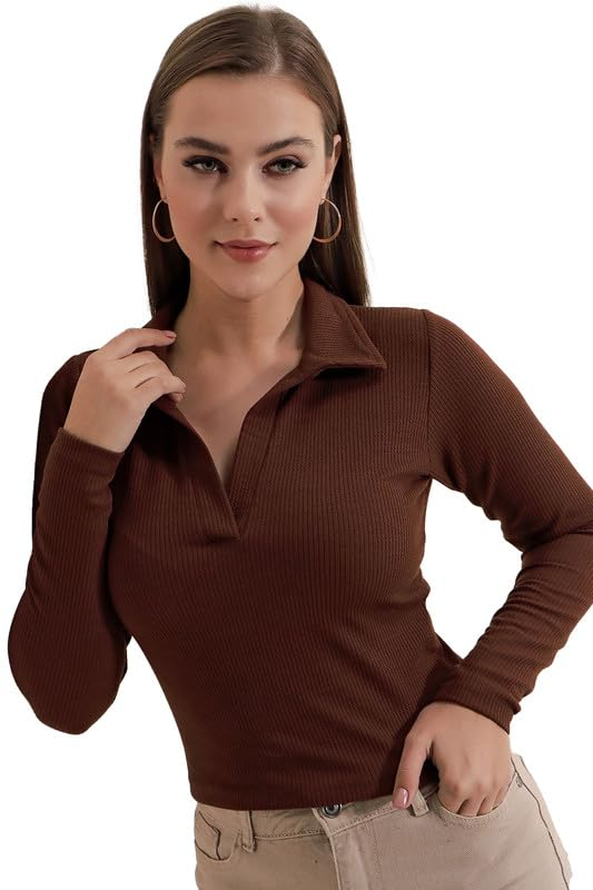 Dream Beauty Fashion Women's Collared Long-Sleeve Tee Top